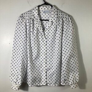 Womens Vintage Charlotte G Polka‎ Dot Button Shirt Long Sleeve White Blue 14